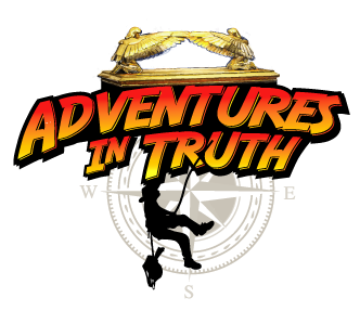 A logo for adventures in truth, an interactive video game.